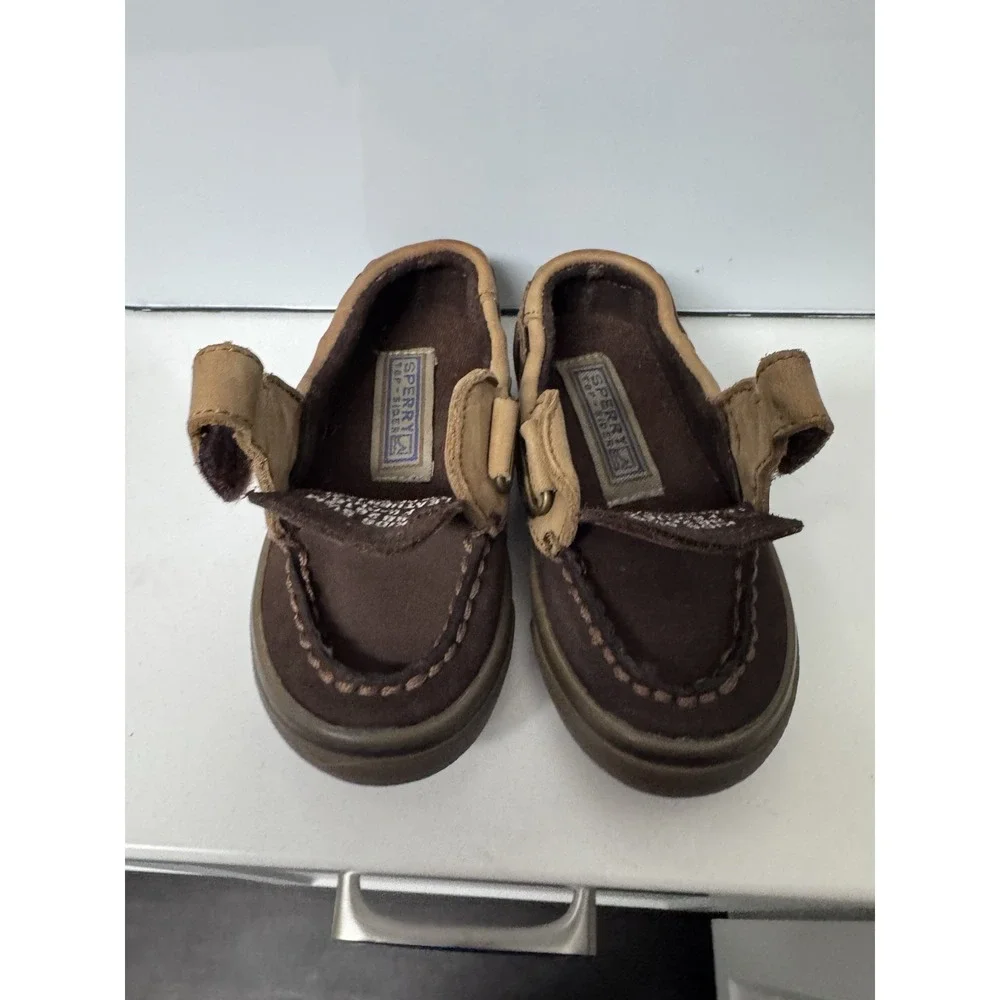 Sperry Leather Loafer Slide On Baby Size 5.5 Brown Hook And Loop Closure Easy On - Picture 10 of 12